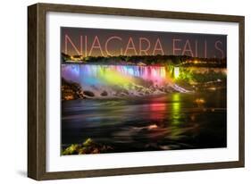 Niagara Falls - American Falls and Rainbow Lights-Lantern Press-Framed Art Print