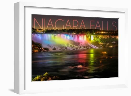 Niagara Falls - American Falls and Rainbow Lights-Lantern Press-Framed Art Print