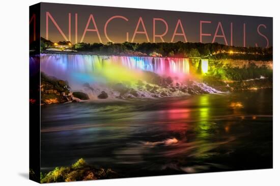 Niagara Falls - American Falls and Rainbow Lights-Lantern Press-Stretched Canvas