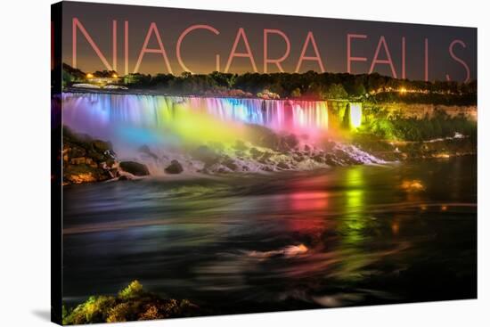 Niagara Falls - American Falls and Rainbow Lights-Lantern Press-Stretched Canvas