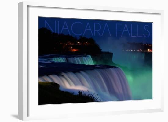 Niagara Falls - Falls and Green Lights at Night-Lantern Press-Framed Art Print