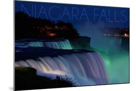 Niagara Falls - Falls and Green Lights at Night-Lantern Press-Mounted Art Print