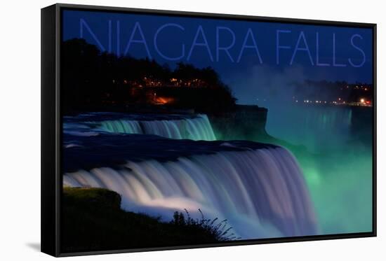 Niagara Falls - Falls and Green Lights at Night-Lantern Press-Framed Stretched Canvas