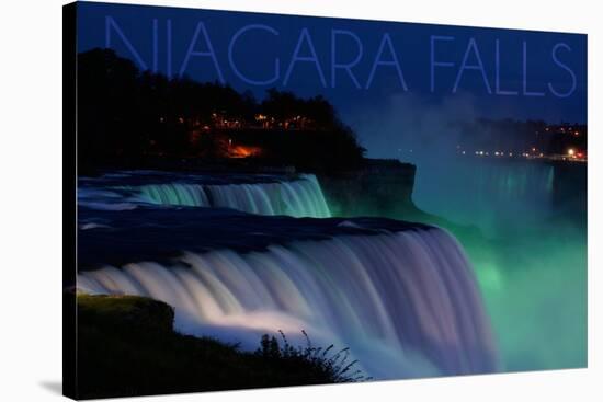 Niagara Falls - Falls and Green Lights at Night-Lantern Press-Stretched Canvas