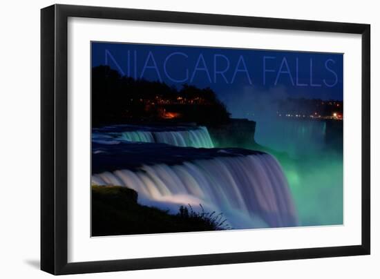 Niagara Falls - Falls and Green Lights at Night-Lantern Press-Framed Art Print