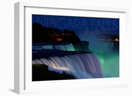 Niagara Falls - Falls and Green Lights at Night-Lantern Press-Framed Art Print