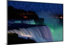 Niagara Falls - Falls and Green Lights at Night-Lantern Press-Mounted Art Print