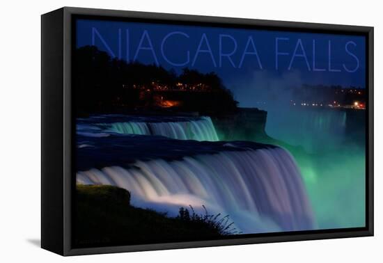 Niagara Falls - Falls and Green Lights at Night-Lantern Press-Framed Stretched Canvas