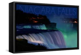 Niagara Falls - Falls and Green Lights at Night-Lantern Press-Framed Stretched Canvas
