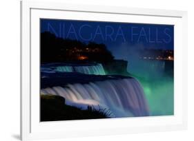 Niagara Falls - Falls and Green Lights at Night-Lantern Press-Framed Premium Giclee Print