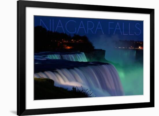 Niagara Falls - Falls and Green Lights at Night-Lantern Press-Framed Premium Giclee Print