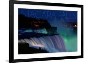 Niagara Falls - Falls and Green Lights at Night-Lantern Press-Framed Premium Giclee Print
