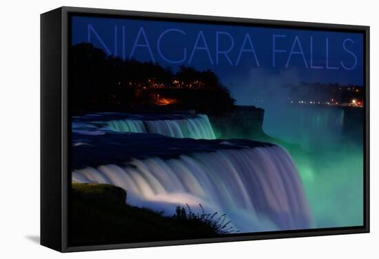 Niagara Falls - Falls and Green Lights at Night-Lantern Press-Framed Stretched Canvas