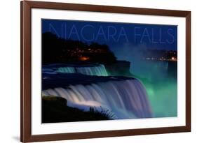 Niagara Falls - Falls and Green Lights at Night-Lantern Press-Framed Art Print