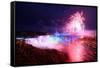 Niagara Falls Lit at Night by Colorful Lights with Fireworks-Songquan Deng-Framed Stretched Canvas