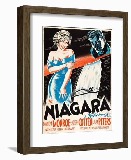 Niagara, L-R: Marilyn Monroe, Joseph Cotten on Danish Poster Art, 1953-null-Framed Art Print