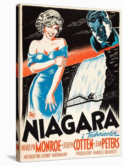 Niagara, L-R: Marilyn Monroe, Joseph Cotten on Danish Poster Art, 1953-null-Stretched Canvas