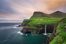 Gasadalur Village and its Iconic Waterfall, Vagar, Faroe Islands, Denmark. Long Exposure.-Nick Fox-Photographic Print