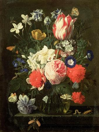 Rose, Tulip, Morning Glory and Other Flowers in a Glass Vase on a Stone Ledge