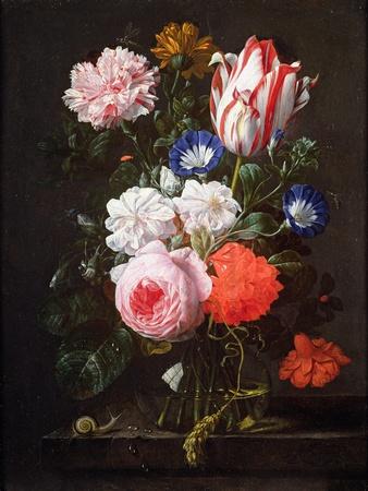 Still Life of Roses, a Carnation, Convolvulus and a Tulip in a Glass Vase