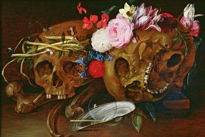 Vanitas Still Life with Skulls, Flowers, a Pearl Mussel Shell, a Bubble and Straw