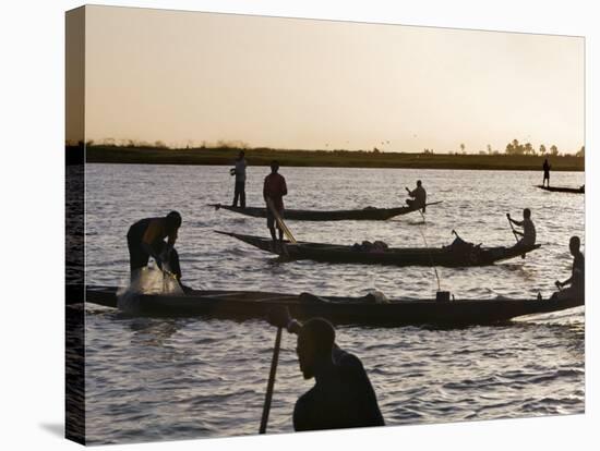 Niger Inland Delta, at Dusk, Bozo Fishermen Fish with Nets in the Niger River Just North of Mopti, -Nigel Pavitt-Stretched Canvas