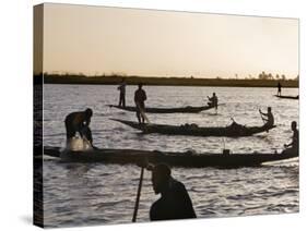 Niger Inland Delta, at Dusk, Bozo Fishermen Fish with Nets in the Niger River Just North of Mopti, -Nigel Pavitt-Stretched Canvas