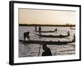 Niger Inland Delta, at Dusk, Bozo Fishermen Fish with Nets in the Niger River Just North of Mopti, -Nigel Pavitt-Framed Premium Photographic Print