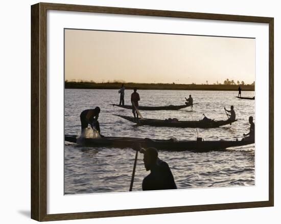 Niger Inland Delta, at Dusk, Bozo Fishermen Fish with Nets in the Niger River Just North of Mopti, -Nigel Pavitt-Framed Photographic Print