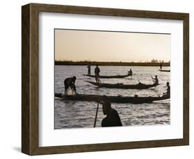 Niger Inland Delta, at Dusk, Bozo Fishermen Fish with Nets in the Niger River Just North of Mopti, -Nigel Pavitt-Framed Photographic Print