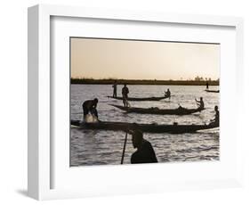 Niger Inland Delta, at Dusk, Bozo Fishermen Fish with Nets in the Niger River Just North of Mopti, -Nigel Pavitt-Framed Photographic Print