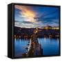 Night Aerial View of Prague Castle and Charles Bridge over Vltava River in Prague, Czech Republic.-f9photos-Framed Stretched Canvas