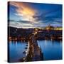 Night Aerial View of Prague Castle and Charles Bridge over Vltava River in Prague, Czech Republic.-f9photos-Stretched Canvas