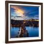 Night Aerial View of Prague Castle and Charles Bridge over Vltava River in Prague, Czech Republic.-f9photos-Framed Photographic Print