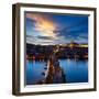 Night Aerial View of Prague Castle and Charles Bridge over Vltava River in Prague, Czech Republic.-f9photos-Framed Photographic Print