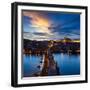 Night Aerial View of Prague Castle and Charles Bridge over Vltava River in Prague, Czech Republic.-f9photos-Framed Photographic Print