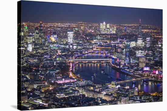 Night Aerial View over River Thames, City of London, the Shard and Canary Wharf, London, England-Jon Arnold-Stretched Canvas