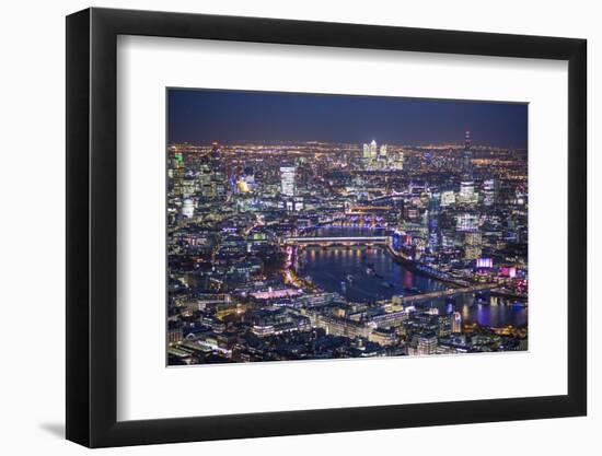 Night Aerial View over River Thames, City of London, the Shard and Canary Wharf, London, England-Jon Arnold-Framed Photographic Print