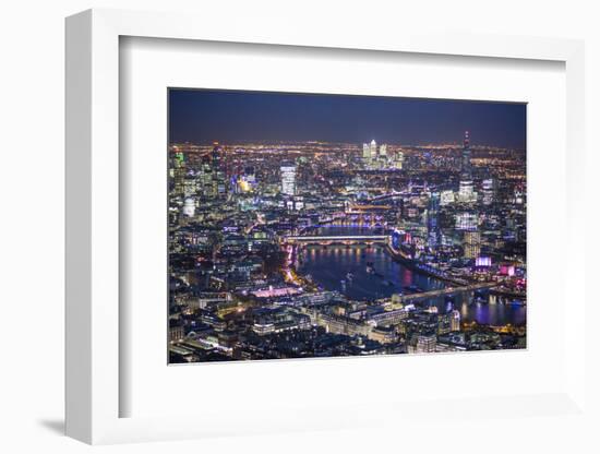 Night Aerial View over River Thames, City of London, the Shard and Canary Wharf, London, England-Jon Arnold-Framed Photographic Print