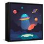 Night Alien World Landscape and Ufo Spaceship with Beam of Light on Starry Sky Background. Flat Vec-Iconic Bestiary-Framed Stretched Canvas