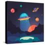 Night Alien World Landscape and Ufo Spaceship with Beam of Light on Starry Sky Background. Flat Vec-Iconic Bestiary-Stretched Canvas