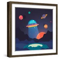 Night Alien World Landscape and Ufo Spaceship with Beam of Light on Starry Sky Background. Flat Vec-Iconic Bestiary-Framed Art Print