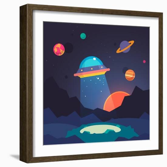 Night Alien World Landscape and Ufo Spaceship with Beam of Light on Starry Sky Background. Flat Vec-Iconic Bestiary-Framed Art Print