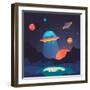 Night Alien World Landscape and Ufo Spaceship with Beam of Light on Starry Sky Background. Flat Vec-Iconic Bestiary-Framed Art Print