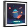 Night Alien World Landscape and Ufo Spaceship with Beam of Light on Starry Sky Background. Flat Vec-Iconic Bestiary-Framed Art Print
