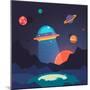 Night Alien World Landscape and Ufo Spaceship with Beam of Light on Starry Sky Background. Flat Vec-Iconic Bestiary-Mounted Art Print