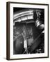 Night Assistant Climbing Down Side of 100-Inch Telescope at Mount Wilson Observatory-Margaret Bourke-White-Framed Photographic Print