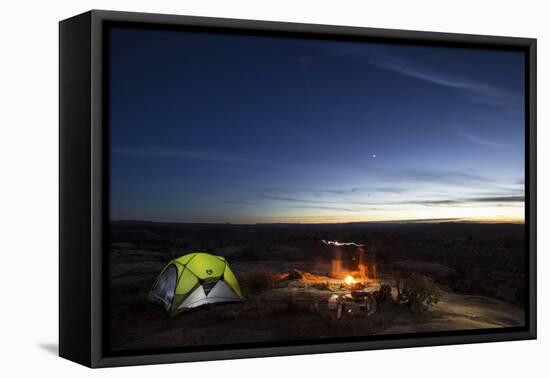 Night Camping Scene with Lit Up Tent and Campfire. Moab, Utah-Matt Jones-Framed Stretched Canvas