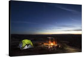 Night Camping Scene with Lit Up Tent and Campfire. Moab, Utah-Matt Jones-Stretched Canvas