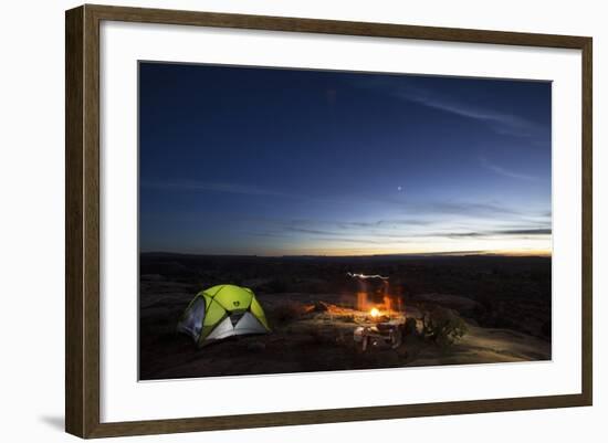 Night Camping Scene with Lit Up Tent and Campfire. Moab, Utah-Matt Jones-Framed Photographic Print